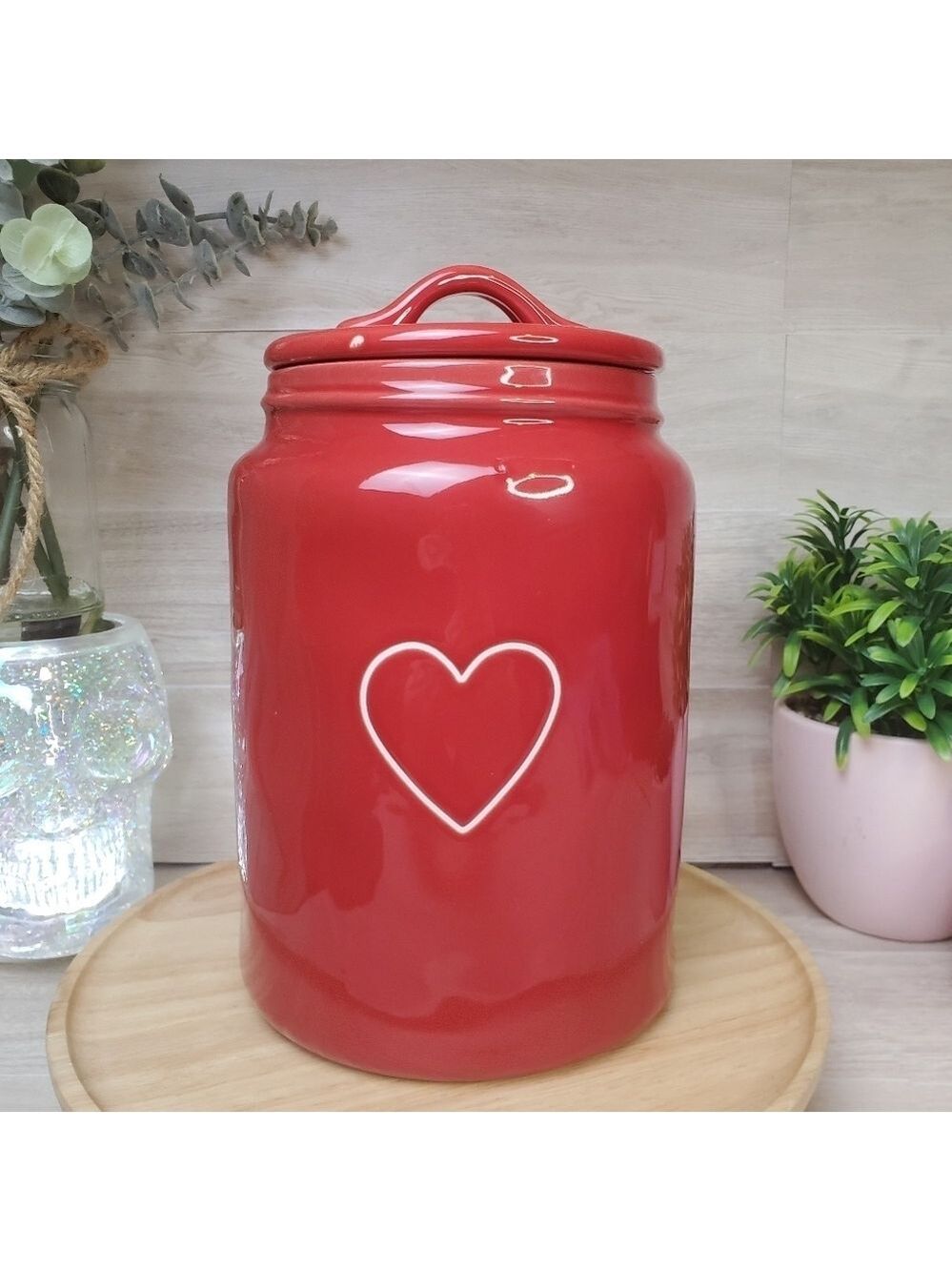 Rae Dunn Valentine's Day Cookie Jar Large Red Ceramic White Heart 8.5" Tall